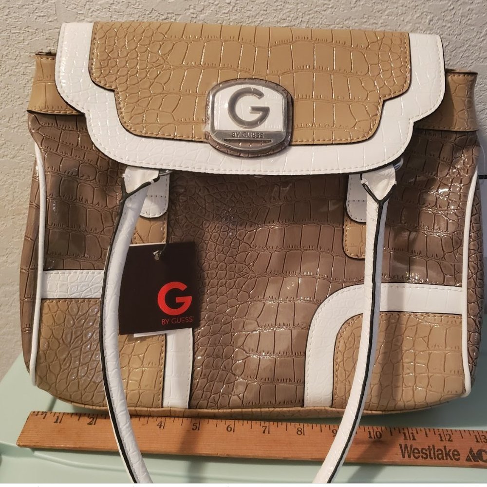 Guess Faux Alligator Crocodile Handbag tote brown white NWT